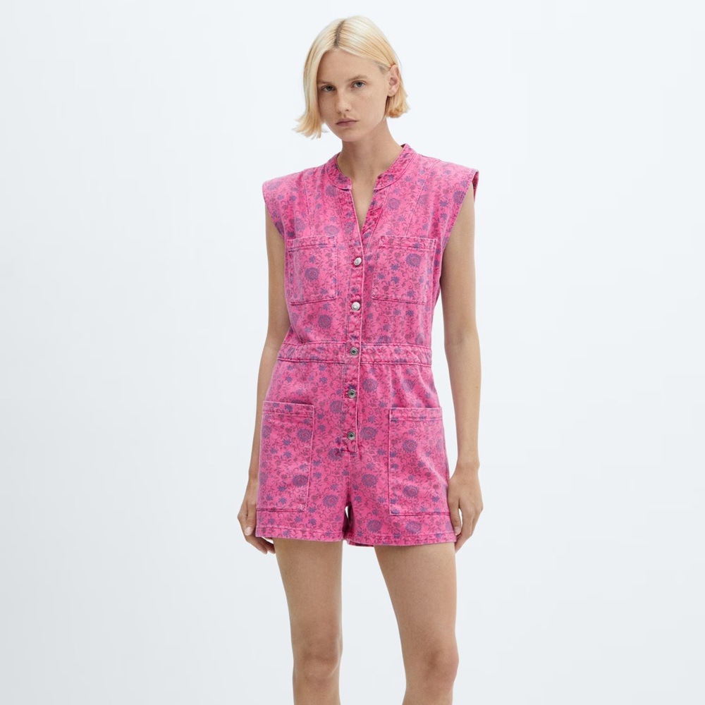 MNG Mango printed denim jean romper S pink floral